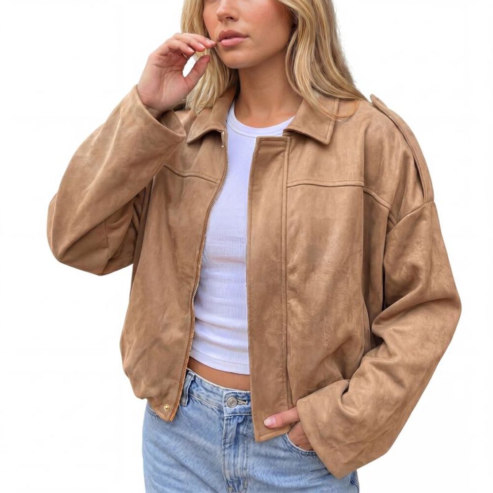 Women's Cropped Zip Lapel Batwing Oversized Faux Suede Bomber Jacket Khaki